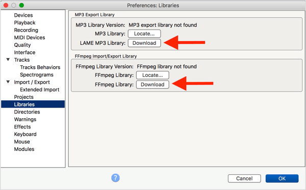 Asenna valinnainen LAME MP3 -enkooderi ja FFmpeg-kirjasto Audacityn kanssa.