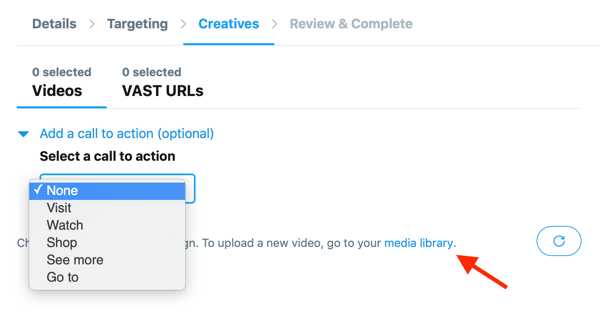 Vaihtoehdot toimintakehotuksen määrittämiseksi Twitterissä isännöitylle videollesi In-Stream Video Views (Pre-Roll)-Twitter-mainoksellesi.