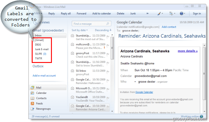 Windows Live -sähköpostiohjelma, gmail-tunnisteet muunnetaan Windows Live -postin kansioiksi