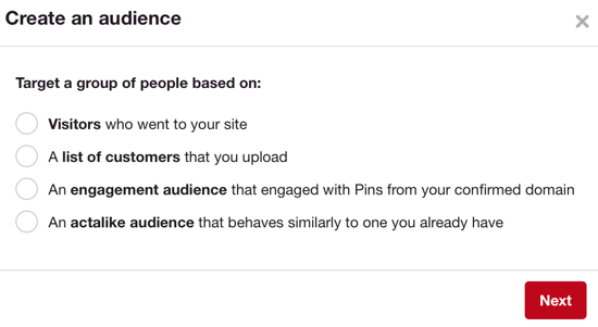 Pinterestin yleisöt toimivat samalla tavalla kuin Facebookin mukautetut yleisöt.