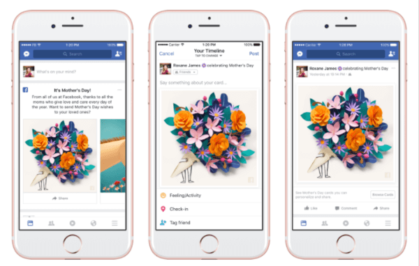 Facebook laittoi räätälöidyt kortit, teemalla peitetyt naamiot ja kehykset Facebook-kameraan ja väliaikaisen "kiitollisen" reaktion äitipäivän kunniaksi.