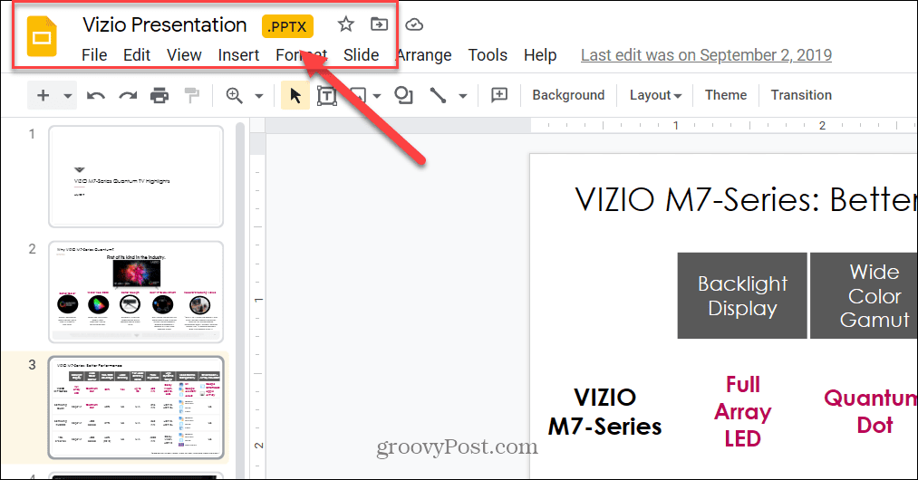 Google Slides pysyy PPTX-tiedostona