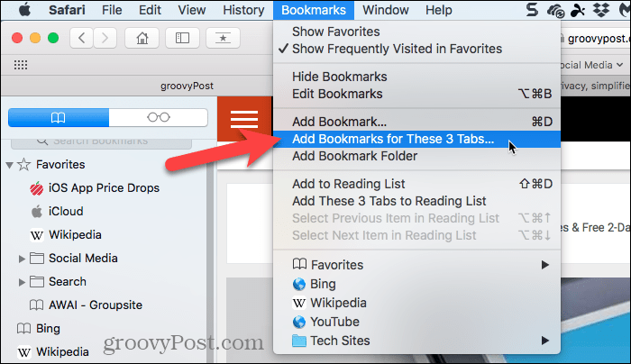 Valitse Lisää kirjanmerkkejä näihin välilehtiin Safarissa Macissa