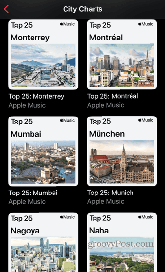 Apple Music listaa kaupunkeja nimen mukaan