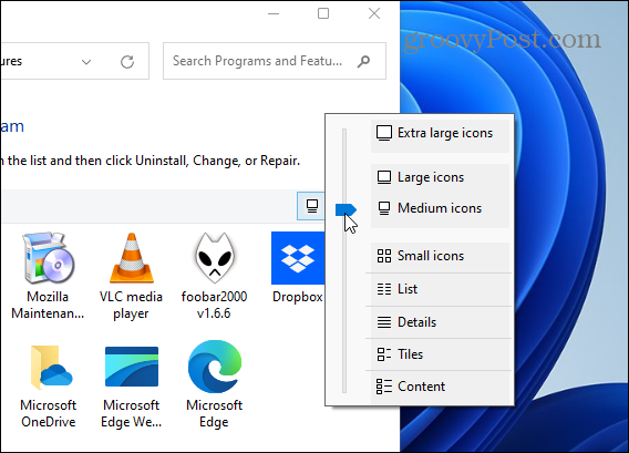 Vaihda sovelluskuvakkeen koon ohjauspaneeli Windows 11
