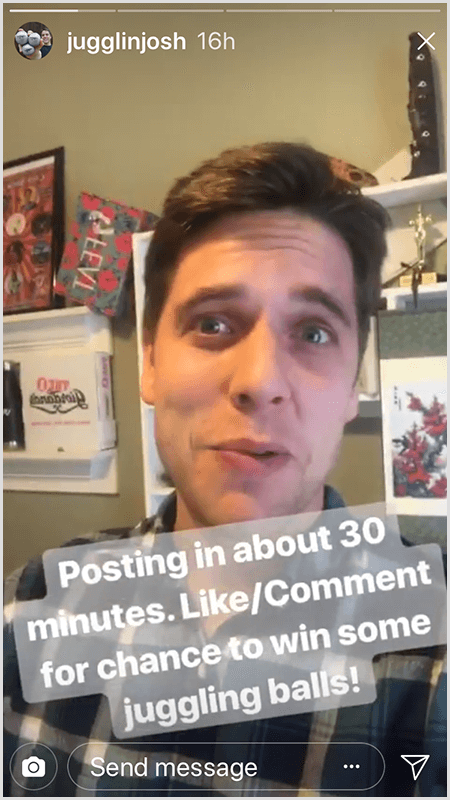 Josh Hortonin Instagram-tarinoiden viesti näyttää, että Josh kohtaa kameraa tekstillä Lähetetään noin 30 Mintues. Tykkää / Kommentoi mahdollisuudesta voittaa joitain taistelupalloja!