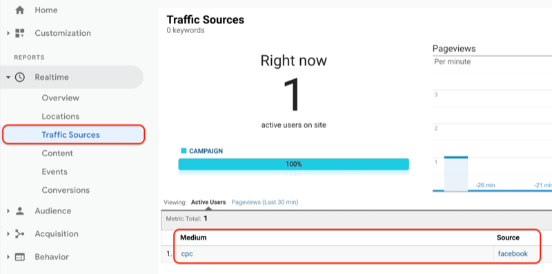 google analytics -valikko, joka näyttää liikenteen lähteiden raportin reaaliajassa, ja liikenteen lähteet-raportti, joka näyttää juuri luodun URL-osoitteen, nähdään ja tallennetaan google analyticsissa