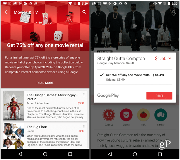 Google Play -elokuvat tarjoavat 75%: n alennuksen kaikesta elokuvien vuokrauksesta