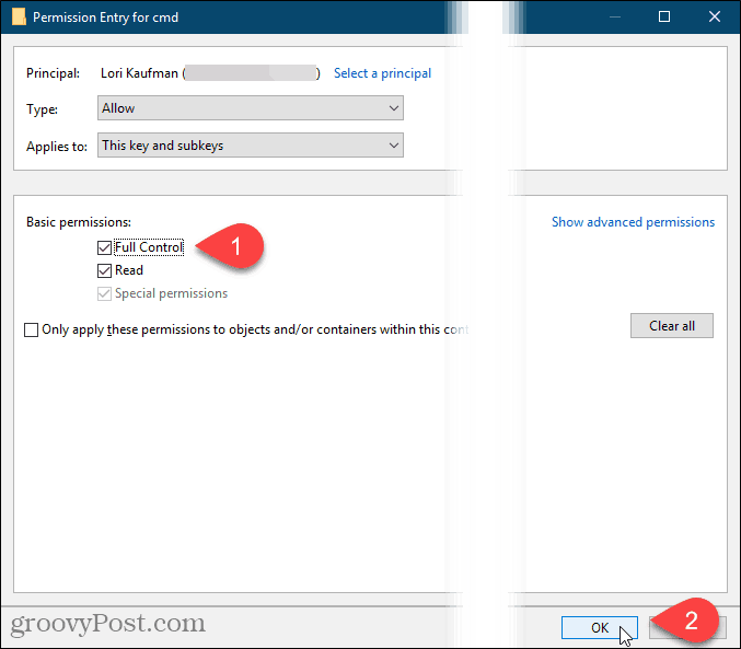 Tarkista koko hallinta ja napsauta OK Windowsin rekisterin Käyttöoikeuksien syöttäminen -valintaikkunassa