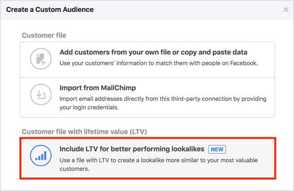 Valitse Sisällytä LTV parempaan suorituskykyyn -vaihtoehto, kun luot mukautetun yleisön asiakasluettelostasi. 