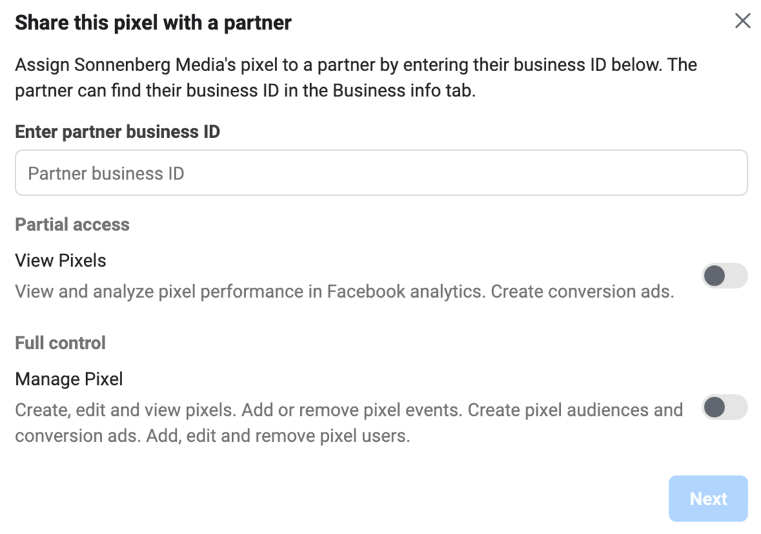 kuva yrityksestä Share This Pixel With a Partner -näyttö Meta Business Managerissa