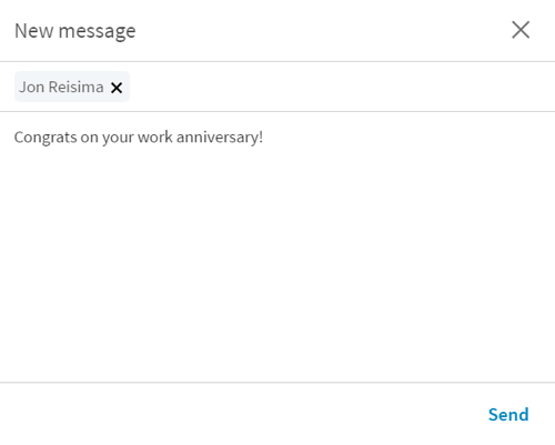 Kun napsautat Sano onnittelut -painiketta, LinkedIn avaa uuden viestin, jossa on lyhyt aloitus.