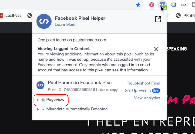 Facebook Pixel Helper näyttää Sivunäkymä-tapahtuman
