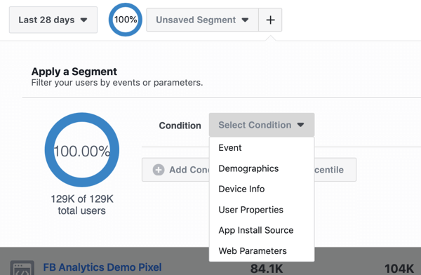 Segmenttien ehtovaihtoehdot Facebook Analytics -tapahtumalähderyhmissä.