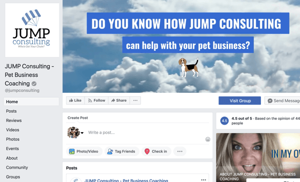 Kuinka käyttää Facebook-ryhmien ominaisuuksia, esimerkki Facebook-sivusta JUMP Consultingille
