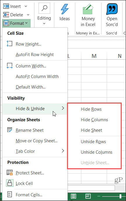 Piilota sarake nauha Excelissä Windowsissa