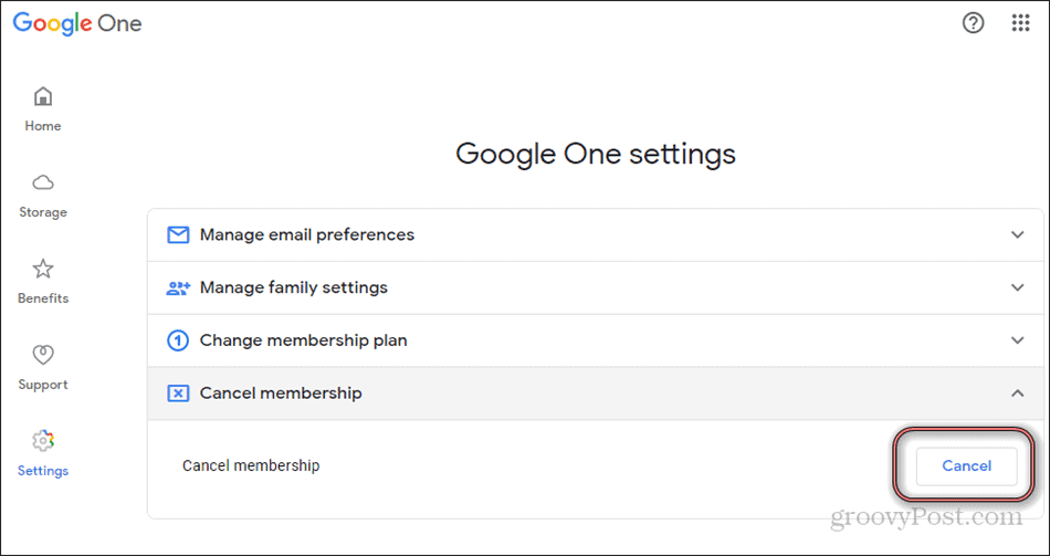 Google One peruuttaa jäsenyyden