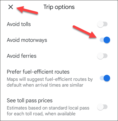 Vältä moottoriteitä Google Mapsissa mobiililaitteella