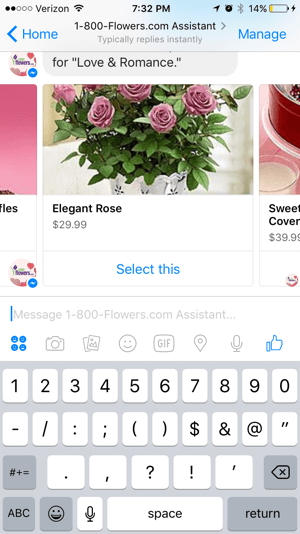 Asiakkaat voivat helposti selata ja valita tuotteita 1-800-Flowers-chat-robotista.