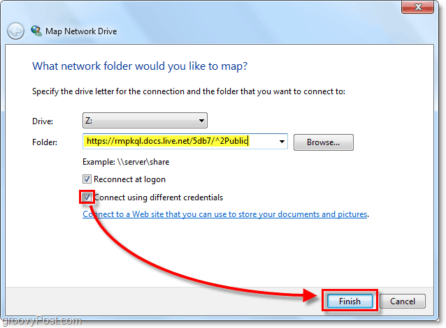 liitä Windows Live -piihtokoneiden URL-osoitteeseen kartoitettuun verkkoaseman optioon ja tarkista, että yhdistä eri käyttöoikeustiedot ja napsauta sitten Valmis.