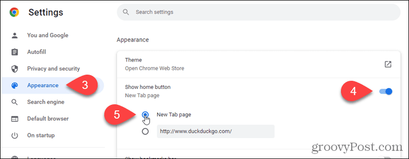 Näytä Etusivu-painike Chromessa ja pyydä Koti-painiketta avaamaan Uusi välilehti -sivu