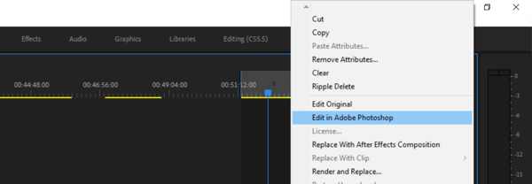 Luo video useille alustoille kuuden vaiheen työnkulun avulla, vaihe 9, valikkovaihtoehto muokattavaksi Photoshopissa Premiere Prosta