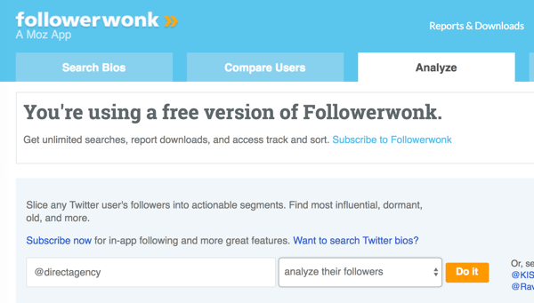 Valitse Twitter-tili, jonka haluat analysoida Followerwonkin kanssa.