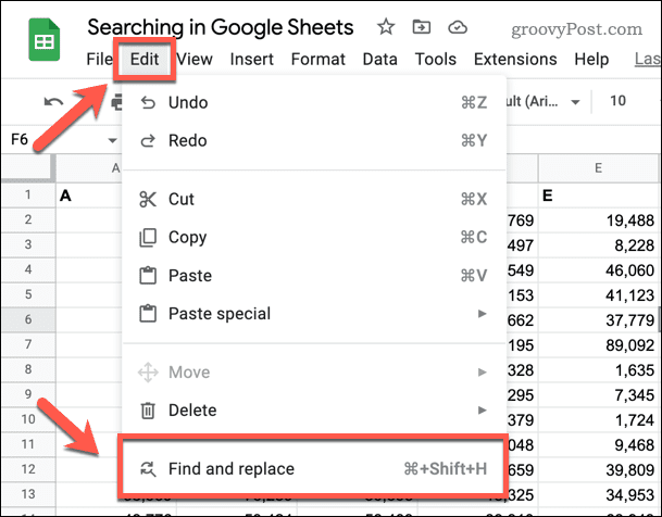 Etsi ja korvaa -työkalun avaaminen Google Sheetsissa