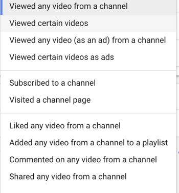 YouTube-mainoskampanjan määrittäminen, vaihe 27, määritä tietty uudelleenmarkkinoinnin käyttäjätoiminto