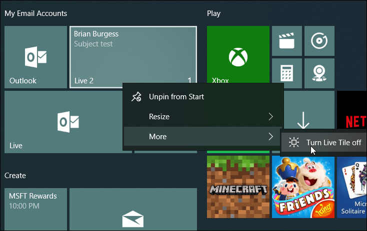 Järjestä Live Mail Tiles Windows 10 Start