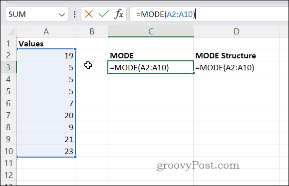 Esimerkki MODE-kaavasta Excelissä