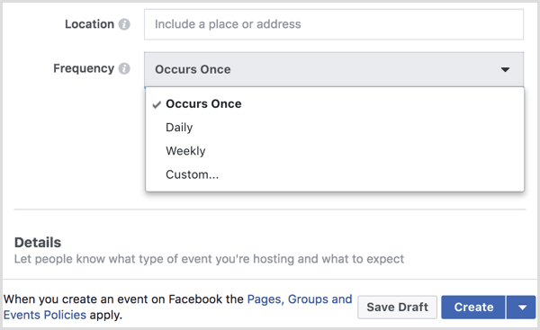 Valitse intervalli Taajuus-valikosta, jos haluat luoda toistuvan tapahtuman Facebook-sivulla