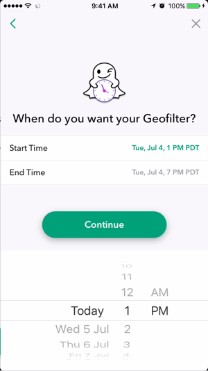 Valitse päivämäärä ja kellonaika, jolloin Snapchat-geosuodatin on aktiivinen.