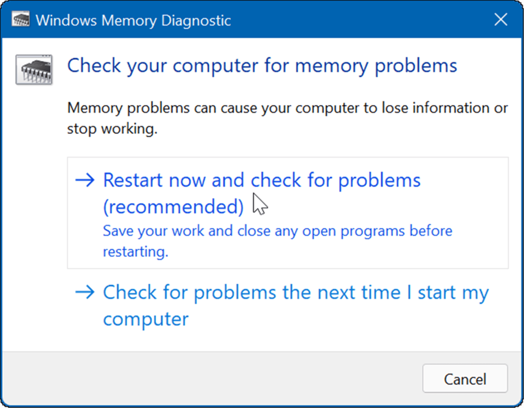 Windowsin muistin diagnostiikka käynnistyy uudelleen ja tarkista