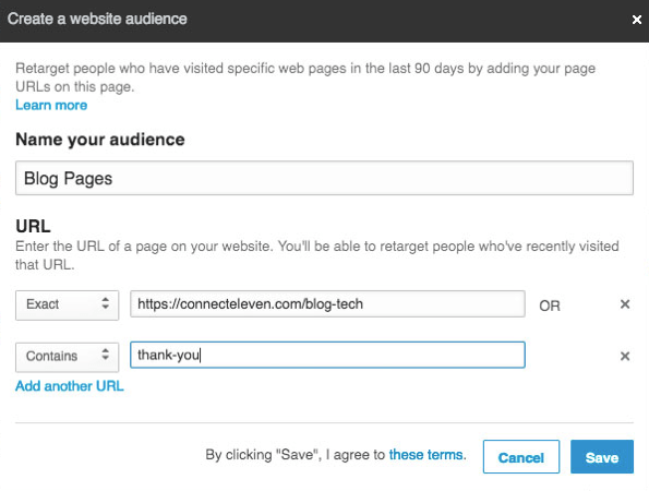 Voit lisätä useita URL-osoitteita, jotta voit kohdistaa uudelleen LinkedIn-osuviin yleisöihin.