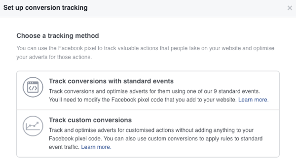 Voit valita kahdesta tulosseurantamenetelmästä Facebook-mainoksille.