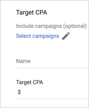 Tämä on kuvakaappaus Google Adsin CPA-tavoite-vaihtoehdoista. Nämä vaihtoehdot ovat Sisällytä kampanjat (valinnainen), Valitse kampanjat, Nimi, Kohde-CPA (tekstikentällä arvon syöttämistä varten). Mike Rhodes sanoo, että Google Adsin älykkäät hintatarjousvaihtoehdot, kuten CPA-tavoite, käyttävät tekoälyä tarjousten hallintaan.