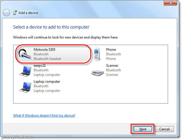 Napsauta Bluetooth-laitetta Windows 7: ssä, lisää ohjattu laite ja napsauta Seuraava