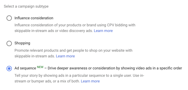 YouTube-mainoskampanjan määrittäminen, vaihe 39, vaihtoehto mainosten järjestyksen asettamiseksi