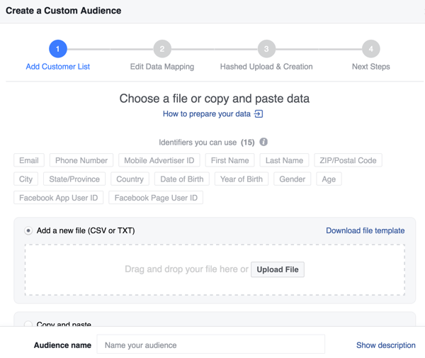 Kun luot Facebook-mukautetun yleisön sähköpostilistaltasi, voit parantaa osumaprosenttiasi uusilla tunnisteilla.