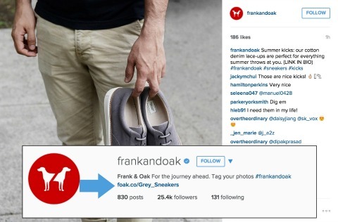 Frank ja Oak esimerkki linkkien lisäämisestä Instagram-bioosi