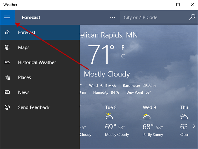 hampurilainen-valikko Windows 10 Weather