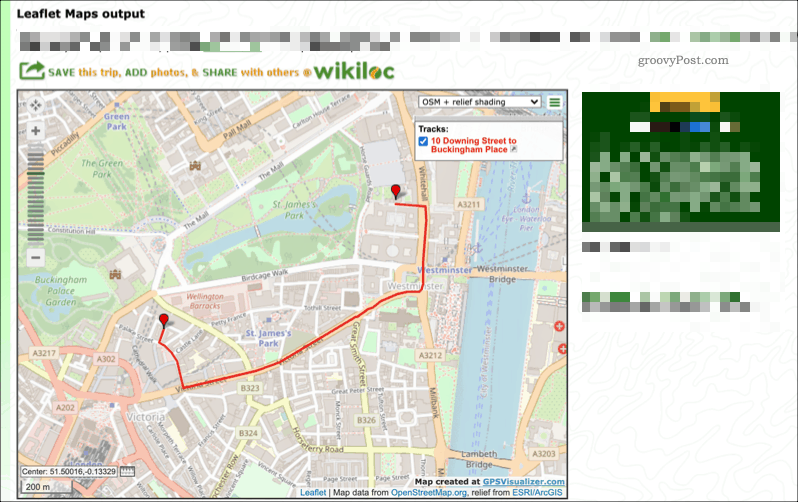 Esimerkkikartta, joka on luotu GPS Visualizer -palvelun avulla