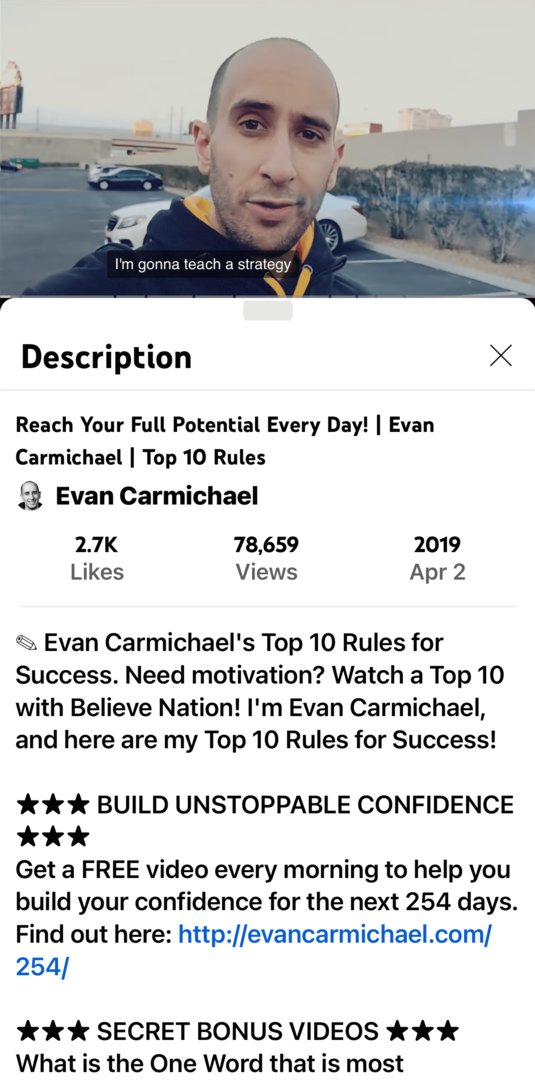 Evan Carmichaelin YouTube-videon kuva ja kuvaus mobiilisovelluksessa