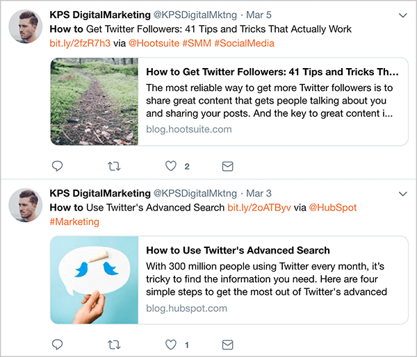 Tämä on kuvakaappaus @KPSDigitalMarketingin automaattisista tweeteistä, jotka on lähetetty 3. ja 5. maaliskuuta. Nämä twiitit ilmestyvät ennen kuin Dan Knowlton lopetti twiittien automatisoinnin. Twiitit noudattavat kaavaa, joka tekee niistä tunnistettavissa markkinoinnin tweeteiksi: artikkelin otsikko, lyhyt linkki, sana "kautta" sekä artikkelin kirjoittajan Twitter-kahva ja sitten joitain hashtageja. Ensimmäinen twiitti on artikkelille, jonka otsikko on "Kuinka saada Twitter-seuraajia: 41 todella toimivaa vinkkiä". Toinen on artikkeliin nimeltä "Kuinka käyttää Twitterin tarkennettua hakua".