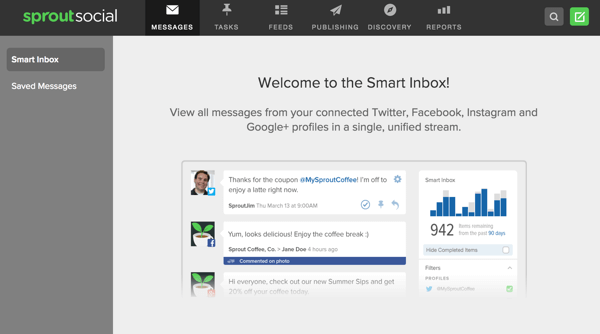 Sprout Social tarjoaa älykkään postilaatikon, jonka avulla voit tarkastella useiden sosiaalisten profiilien viestejä yhdessä paikassa.