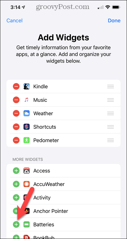 Lisää Paristot-widget iPhone Widget -näyttöön