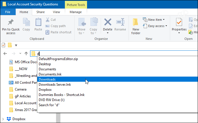 Automaattinen täydennys Esimerkki File Explorer