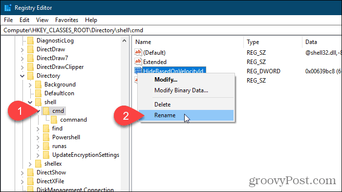 Valitse Nimeä uudelleen HideBasedOnVelocityId-arvoksi Windowsin rekisterieditorissa