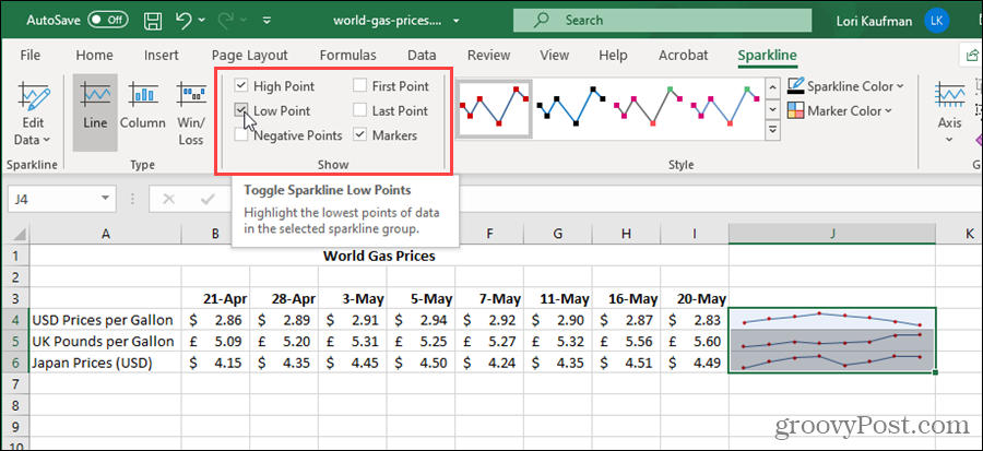 Näytä Sparklinesin asetukset Excelissä